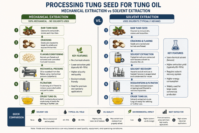 Diagram comparing mechanical and solvent extraction of tung seed