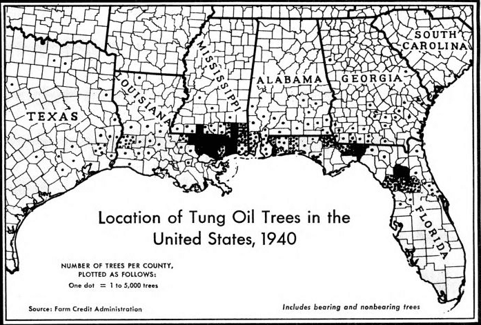 Farm Credit Administration map, Location of Tung Oil Trees in the United States, 1940