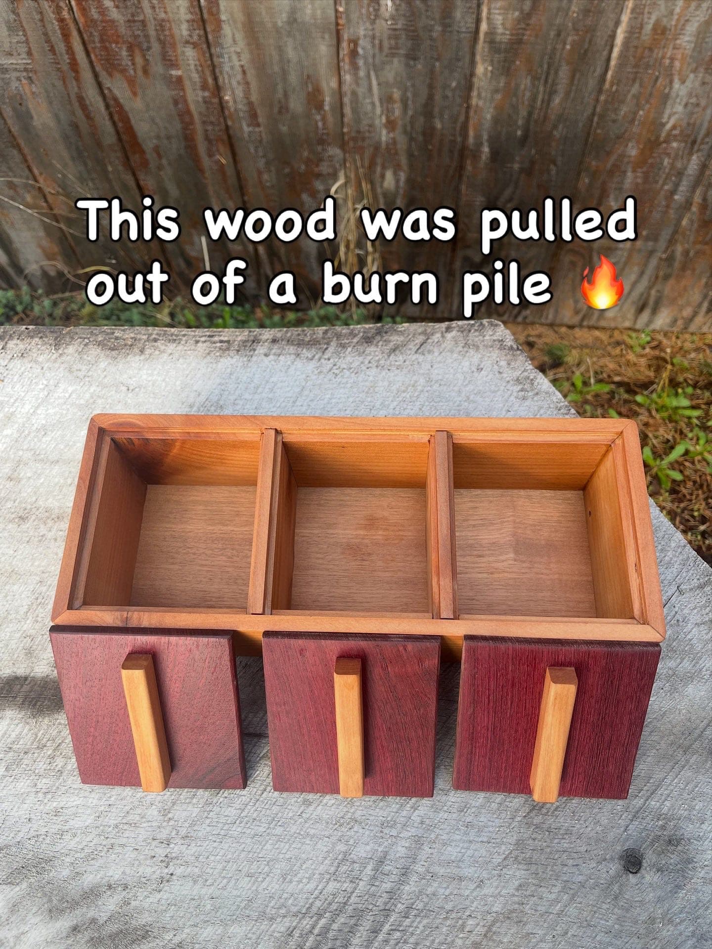 Boxes in cherry pulled from a burn pile