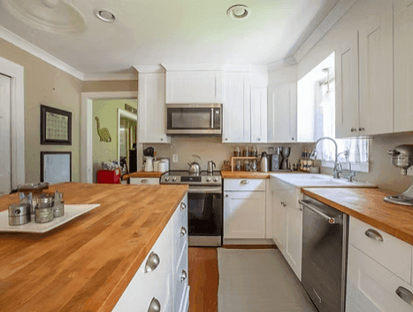 Butcher block island and counters
