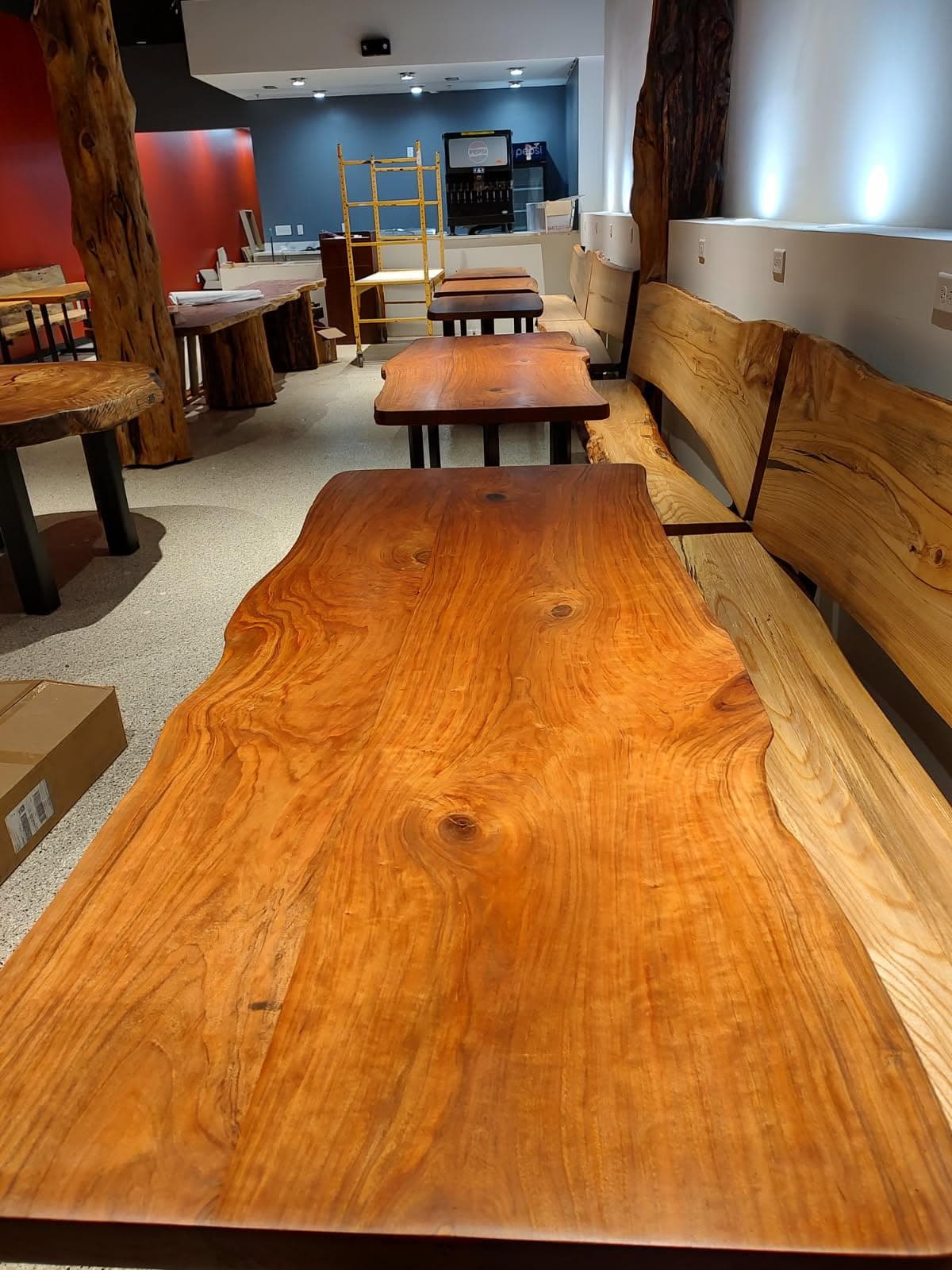 Live edge dining tables and bench seating