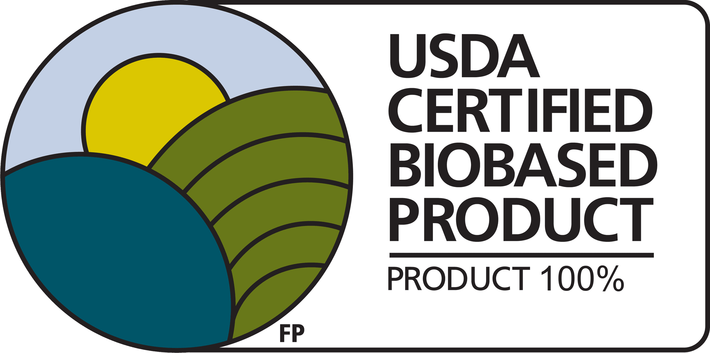 USDA Certified Biobased Product label: product 100%, FP